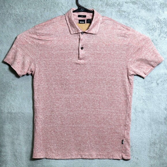 BOSS Hugo Boss Polo Shirt Mens Medium Pink Linen Short Sleeve Made In Portugal - Picture 1 of 12